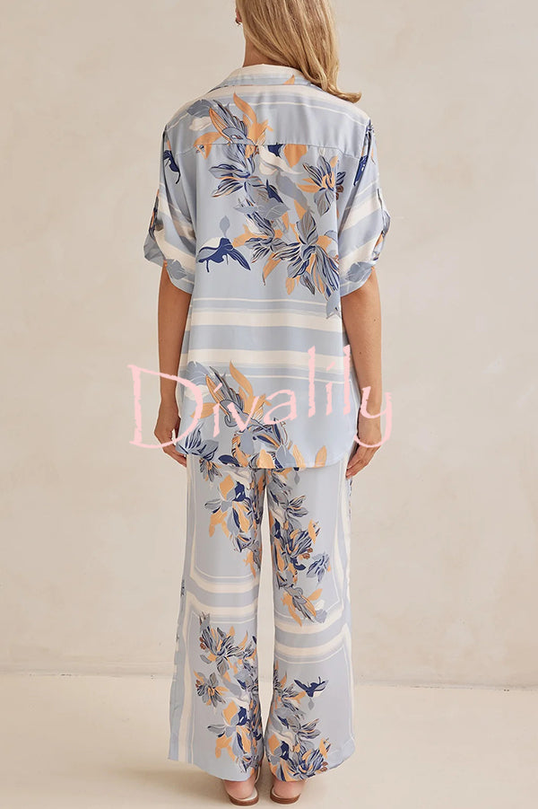 Fashionable Plant Print Loose Lapel Short Sleeve Shirt and Casual Elastic Waist Pocket Pants Set