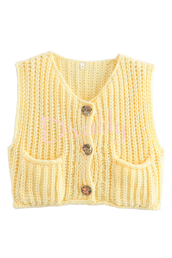 Solid Color Sleeveless Pocket Knitted Vest