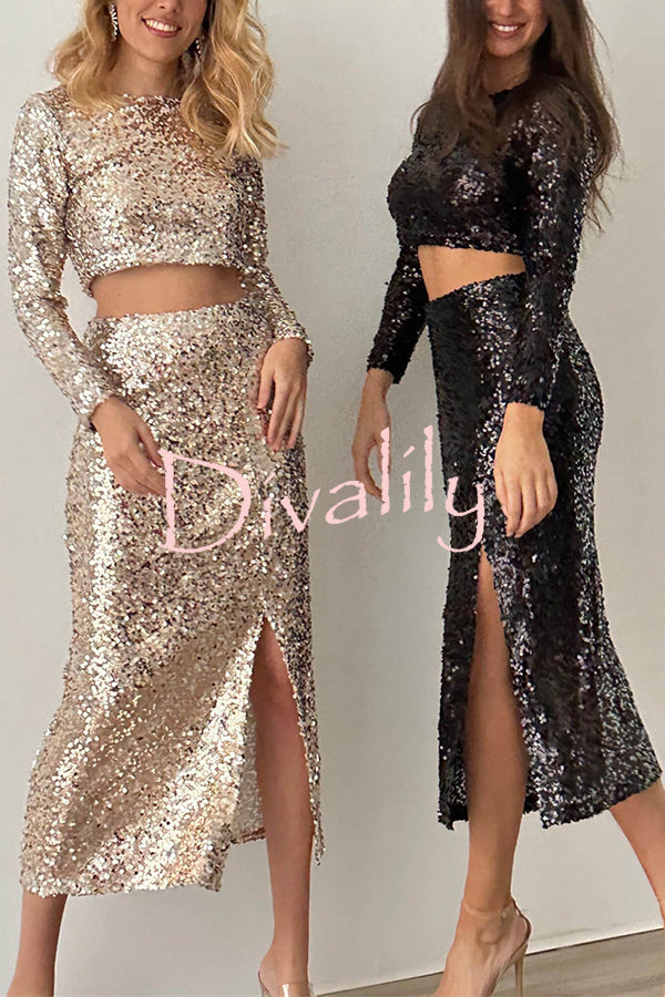 Solid Sequined Long-sleeved Crop Top and Sexy Slit Midi Skirt Set