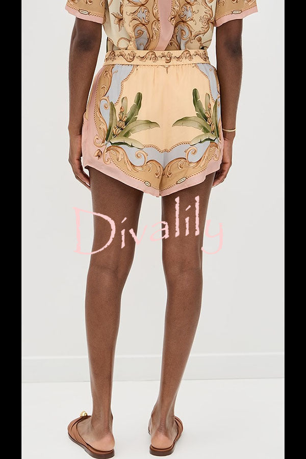 Royalty Unique Print Button Up Short Sleeve Shirt and Elastic Waist Pocketed Loose Shorts Set