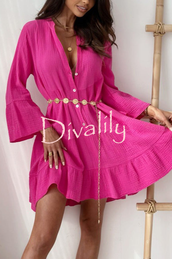 Linen Blend Solid V-Neck Bell Sleeve Casual Mini Dress