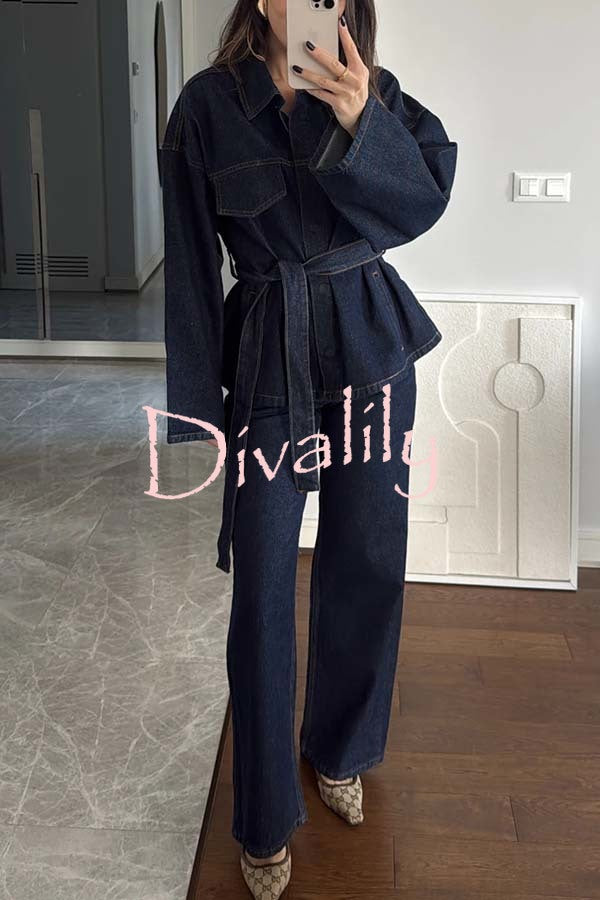 Fashion Workwear Style Denim High Rise Pocket Straight Leg Jeans