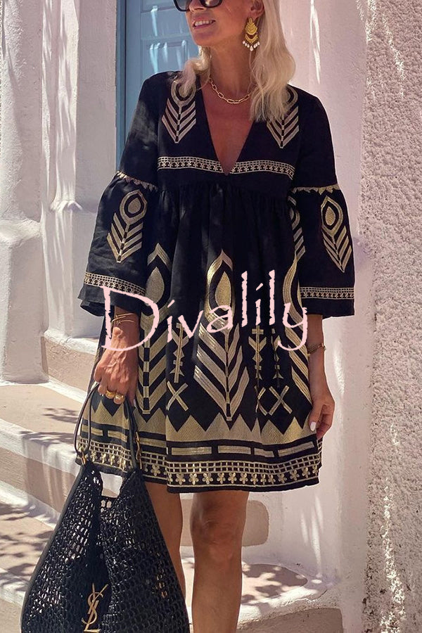 Unique Gold Printed V-neck Bell Sleeve Mini Dress