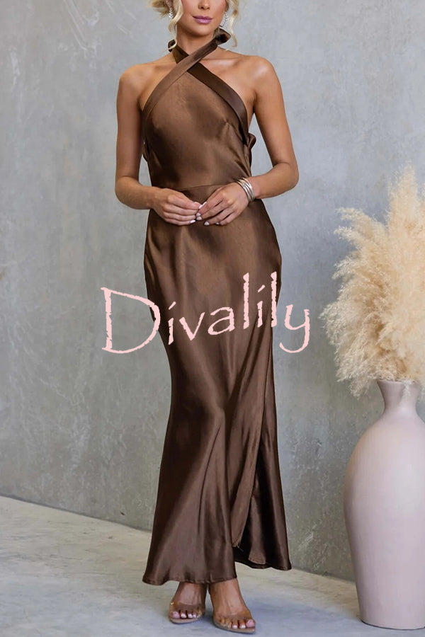 Satin Fashion Halter Backless Slim Elegant Maxi Dress