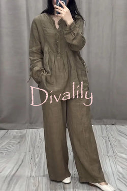 Linen Blend Long-sleeved Casual Top and Loose Pocket Wide-leg Pants Set