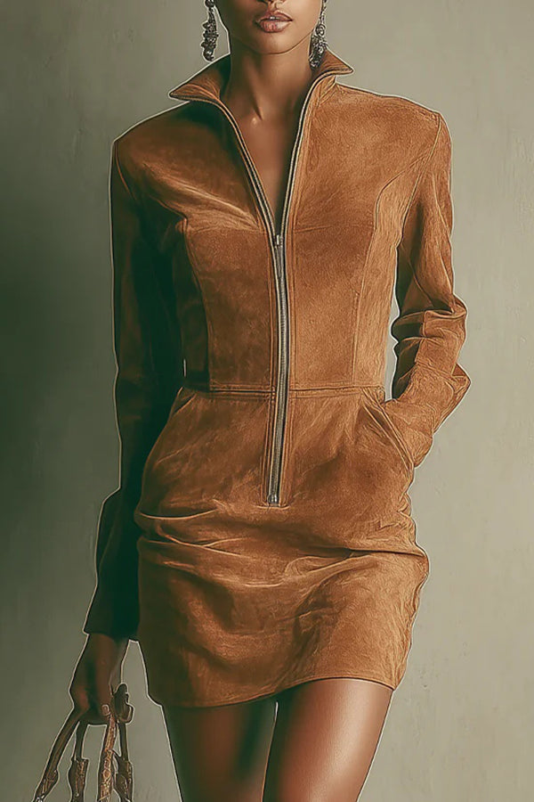 Solid Color Suede Long-sleeved Collared Zippered Casual Pocket Mini Dress