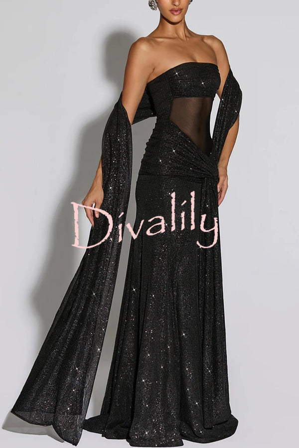 Paula Sequined Mesh and Jersey Off Shoulder Ruched Knot Drape Shawl Maxi Dress