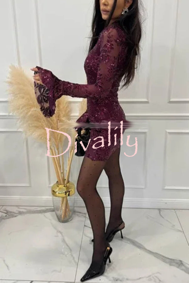 Deep and Dazzling Floral Texture Sequin Long Bell Sleeve Open Back Mini Dress