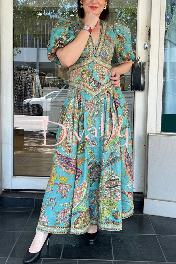 Chic Vacation Linen Blend Unique Print Button Puff Sleeve Pocket Maxi Dress