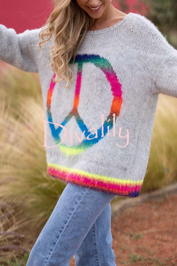 Love and Peace Knit Rainbow Pattern Loose Pullover Sweatershirt