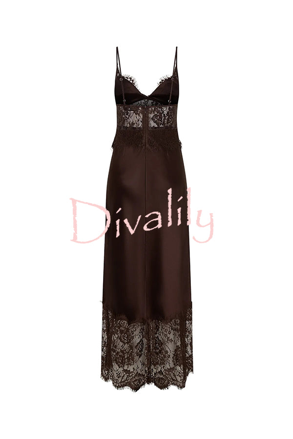 Elegant Evening Satin Lace Patchwork See-through Waist Slip Maxi Dress