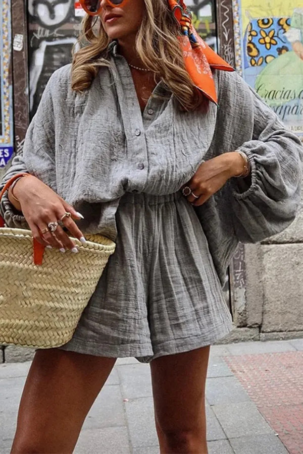 Solid Color Lapel Long Sleeve Loose Shirt and Elastic Waist Casual Pocket Shorts Set