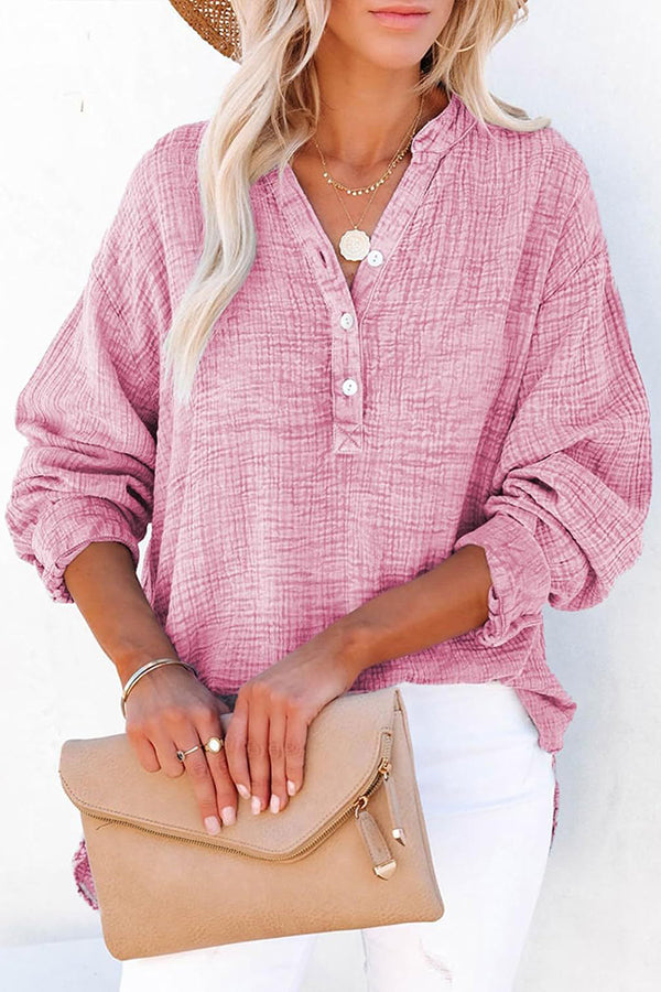 Solid Color Long Sleeve Pleated Button Loose Top