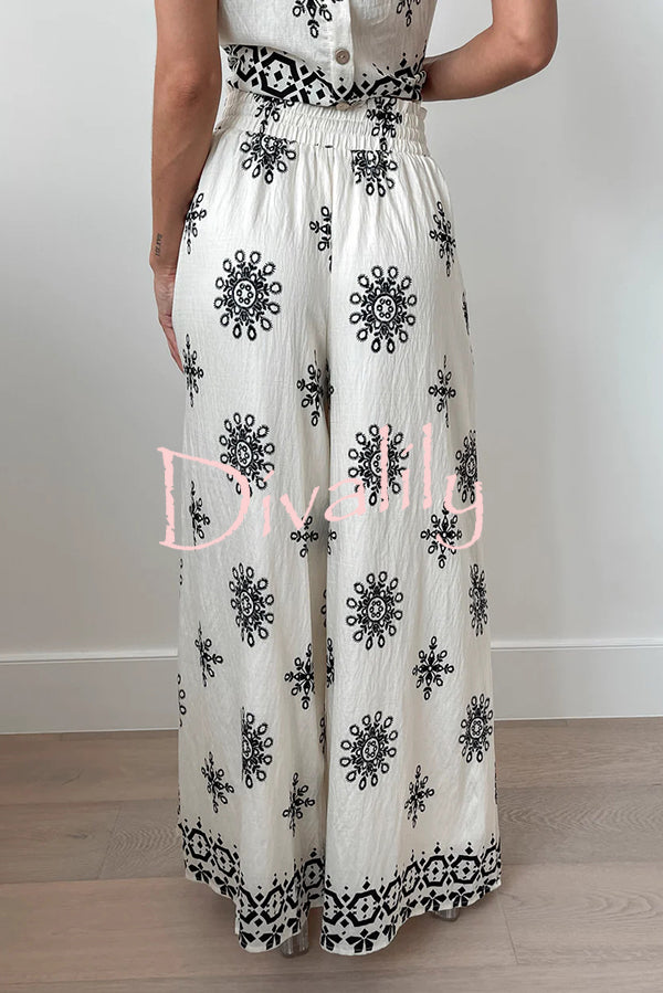 Unique Printed Round Neck Sleeveless Button Top and Elastic Waist Pocket Wide Leg Pants Set