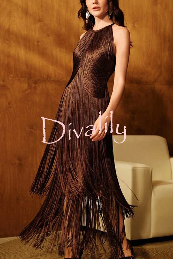 Fashion Sleeveless Halter Neck Elegant Tassel Slim Maxi Dress
