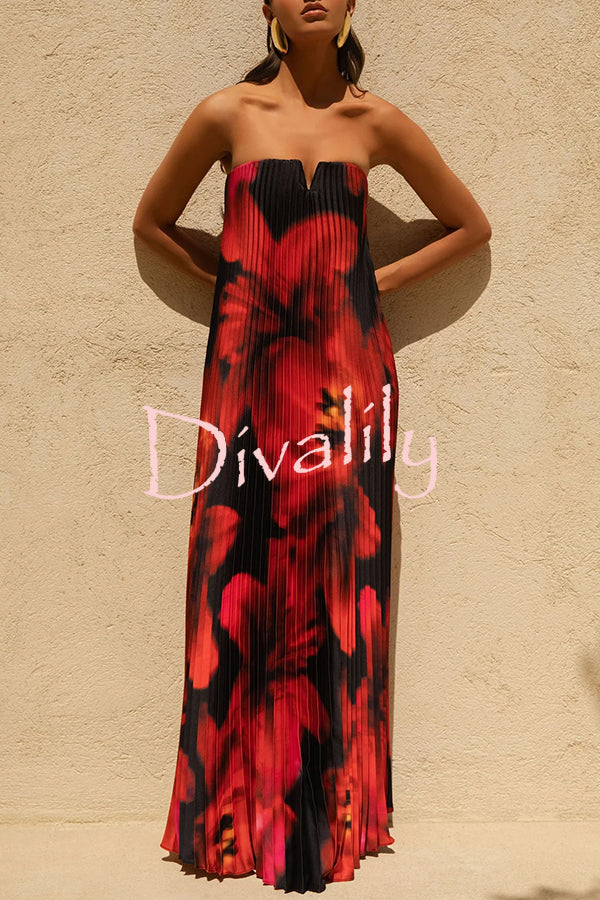 For Every Occasion Satin Pleated Floral Print V-wire Bandeau Neck Maxi Dress