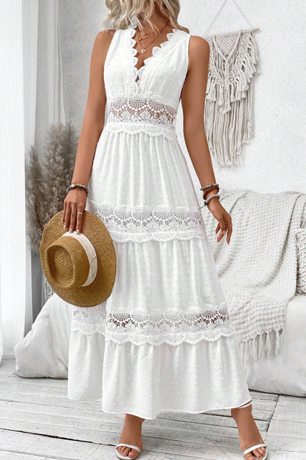 Solid Color Hollow Lace Splicing V-neck Sleeveless Maxi Dress
