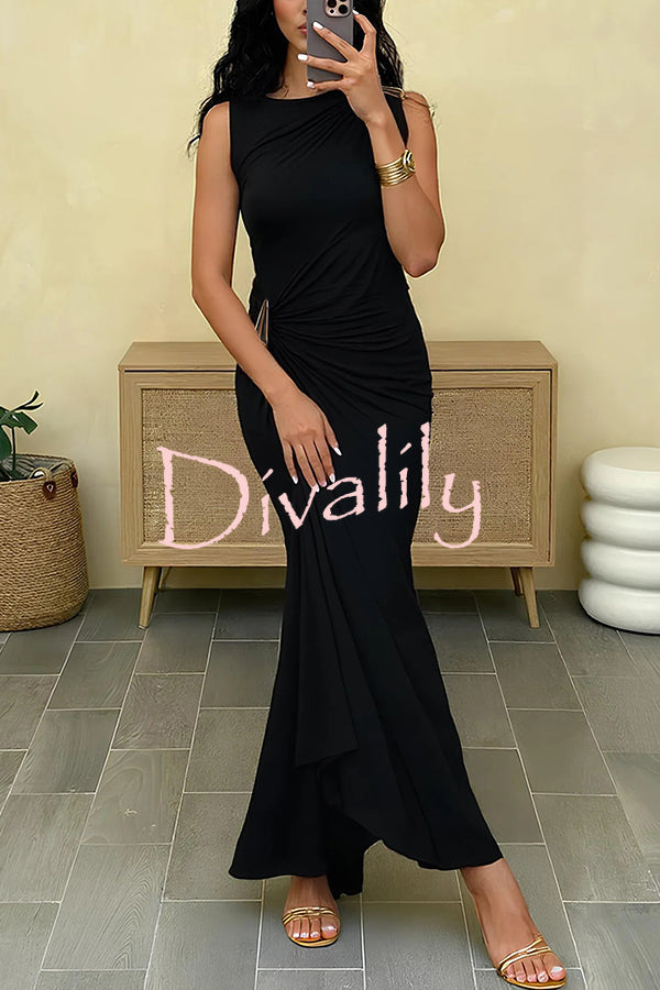 Fashionable Metallic Embellishments Pleated Sleeveless Slim-fit Maxi Dress