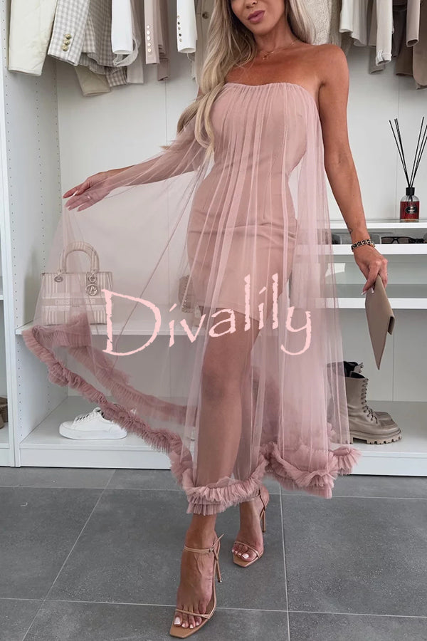 Fairytale Charm Tulle Off Shoulder Ruffles Trim A-line Midi Dress