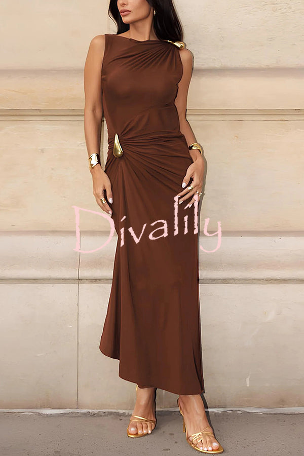 Fashionable Metallic Embellishments Pleated Sleeveless Slim-fit Maxi Dress