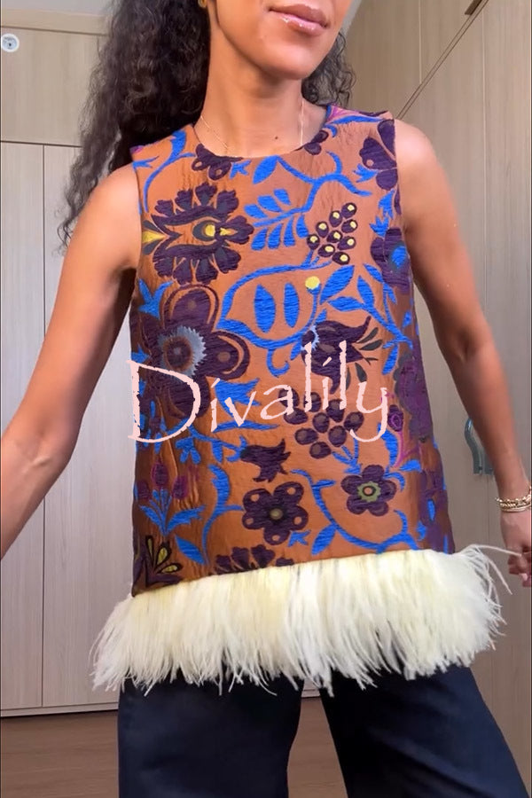 Emina Floral Feather Trim Trapezoidal Silhouette Asymmetrical Hem Top