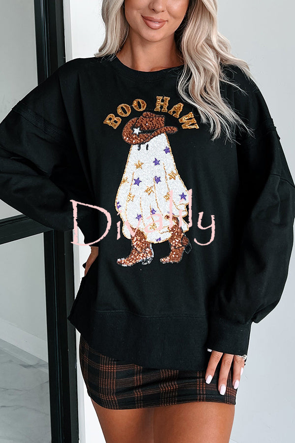 Halloween Ghost Sequin Print Casual Loose Sweatshirt