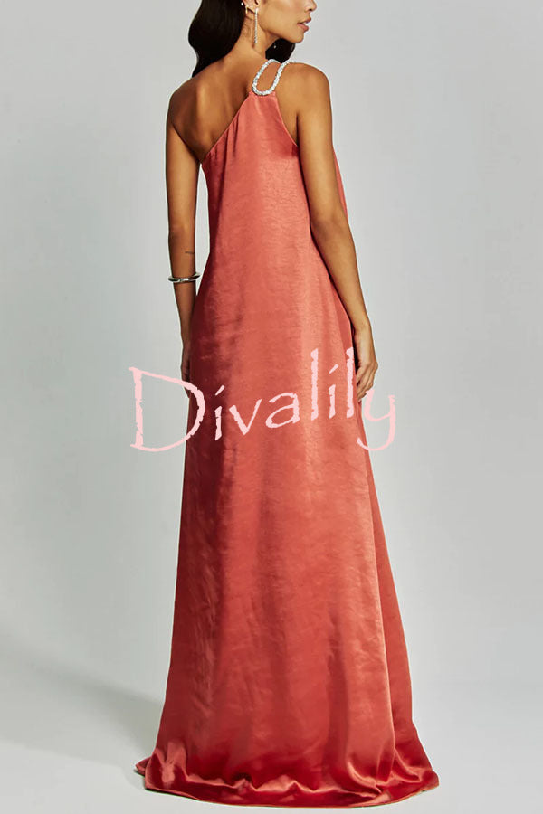 Charming Glance Satin Metal Hardware One Shoulder Loose Maxi Dress