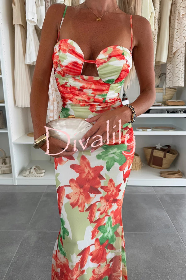 Irresistibly Chic Mesh Botanical Print Cut Out Bust Ruched Stretch Maxi Dress