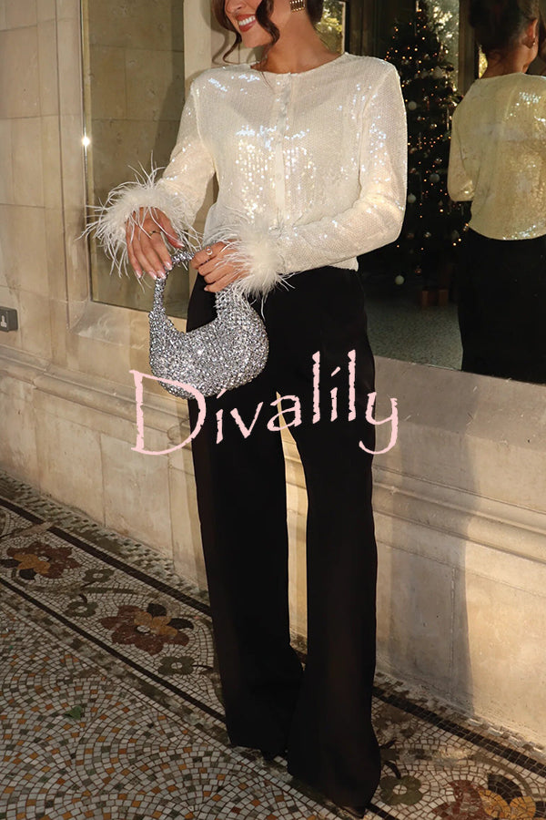 Cocktails First Sequin Button Up Long Sleeve Feather Cuff Party Top