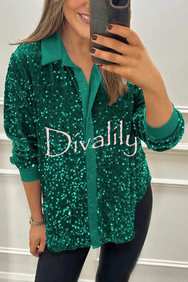 Fashion Velvet Sequined Loose Casual Long-sleeved Shirt