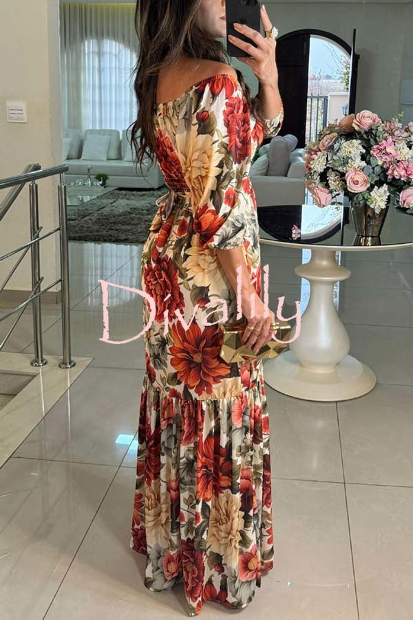 Raiene Floral Print Off Shoulder Tie-up Back Smocked Party Maxi Dress