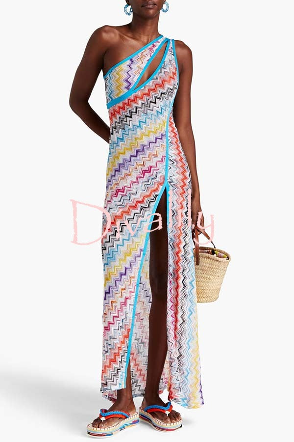 Ivanie Knit Colorful Zigzag Pattern One Shoulder Cutout Slit Maxi Dress