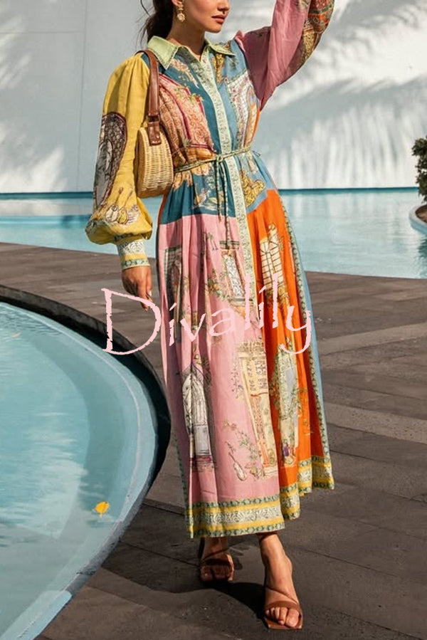 Unique Print Lapel Lantern Sleeve Single Breasted Tie Waist Midi Dress