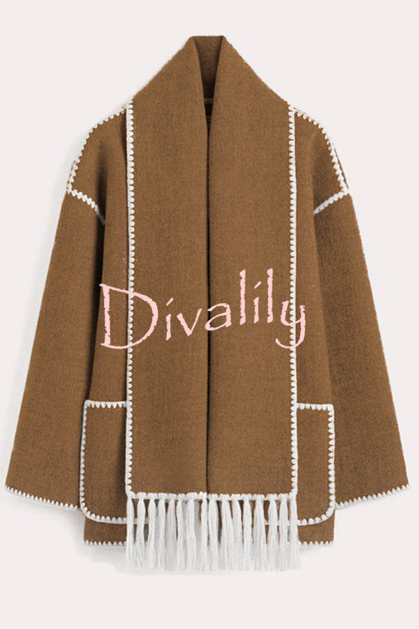 Stylish Loose Pocket Long Sleeve Coat and Warm Fringed Scarf