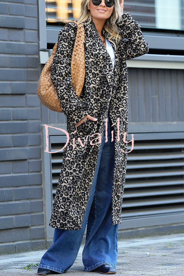 Leopard Affair Animal Print Epaulettes Long Sleeve Pocketed Lapel Midi Trench Coat
