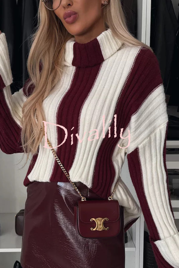 Comfort and Warmth Knit Color Block Long Sleeve Turtleneck Sweater