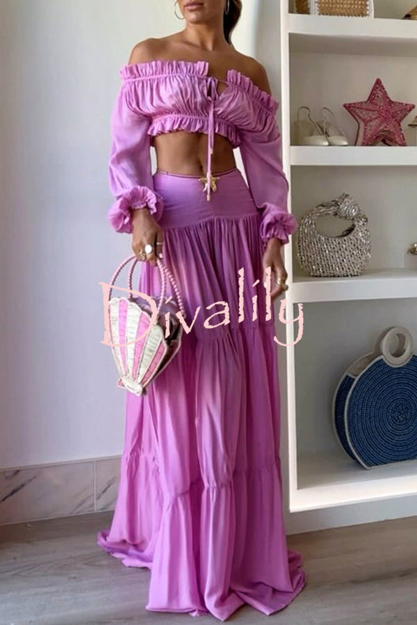 Flamenco Inspired Gathered Off Shoulder Crop Blouse and Seastar Layered Maxi Skirt Set