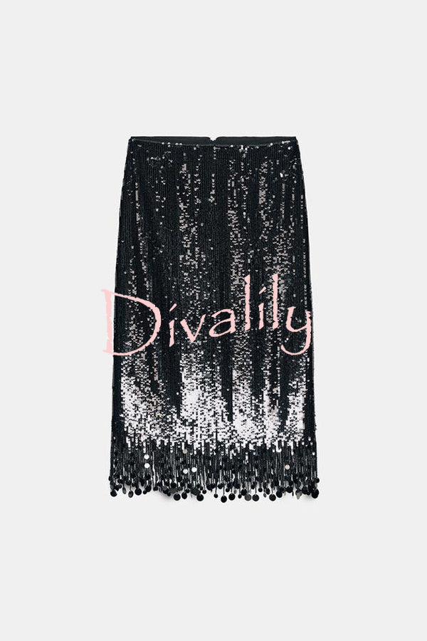City Queen Sequin Tassel Round Pieces High Rise Back Zipper Midi Skirt