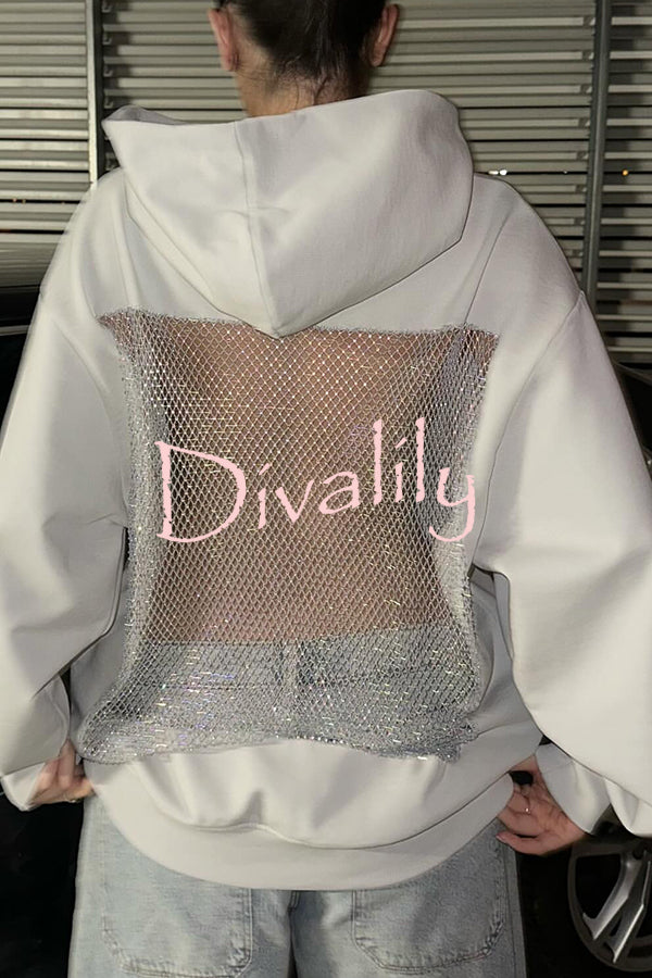 Fashionable Shiny Mesh Hollow Back Loose Long-sleeved Hooded Sweatshirt