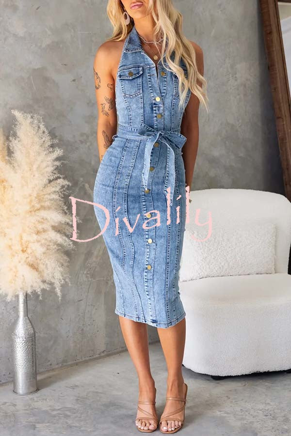 Kalyn Denim Button Up Belted Pocket Halter Stretch Midi Dress