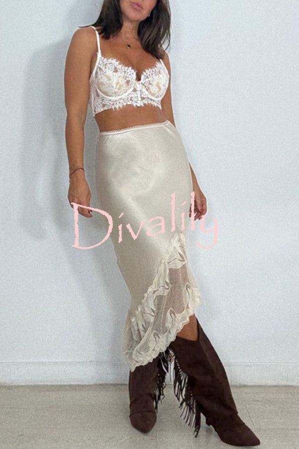 Rolen Satin Lace Patchwork Elastic Waist Irregular Hem Midi Skirt