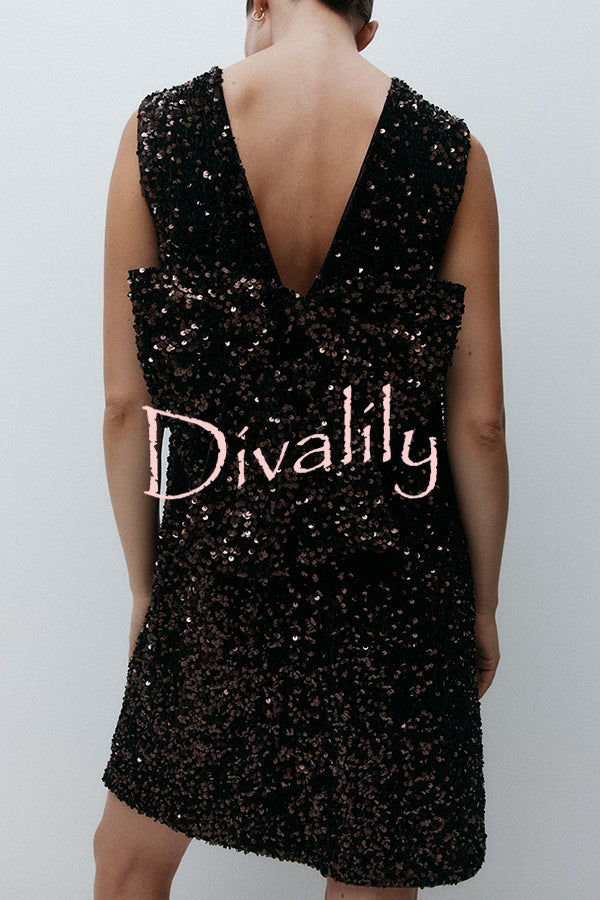 Glam Season Velvet Sequin Back Oversized Bow Design Sleeveless Loose Mini Dress
