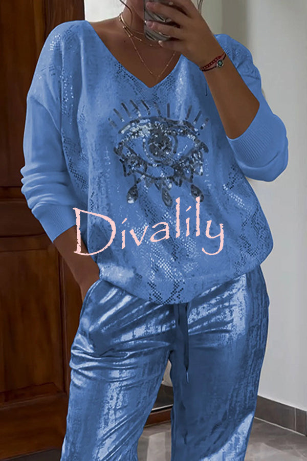 Three-dimensional Eye V-neck Long-sleeved Hot Stamping Top