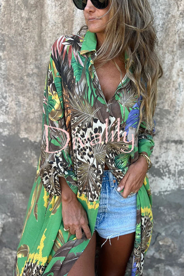 Jungle Miracle Animal Unique Print Button Long Sleeve Midi Relaxed Blouse