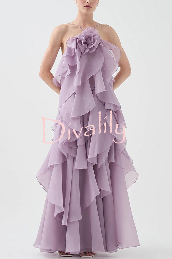 Free - Flowing Rose Detail Tiered Ruffles Halter A-line Maxi Dress