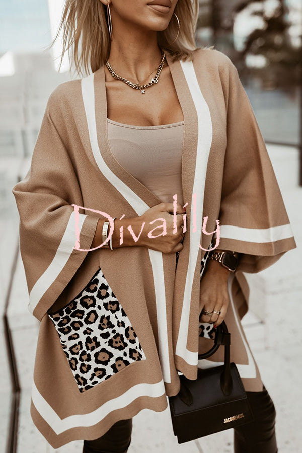 Warm and Comfortable Knit Colorblock Leopard Print Pocket Oversized Poncho Sweater