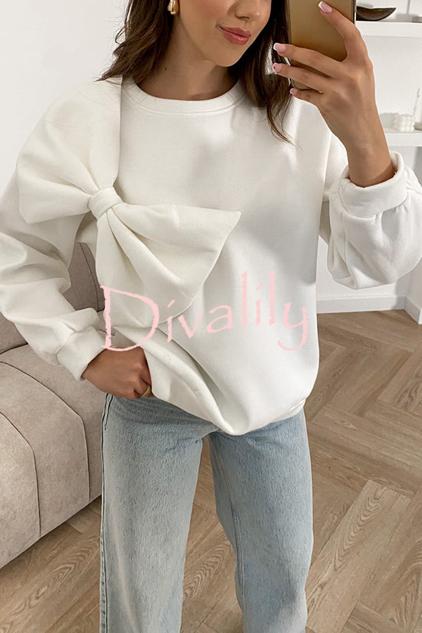 Solid Color Round Neck Long Sleeve Bow Loose Sweatshirts