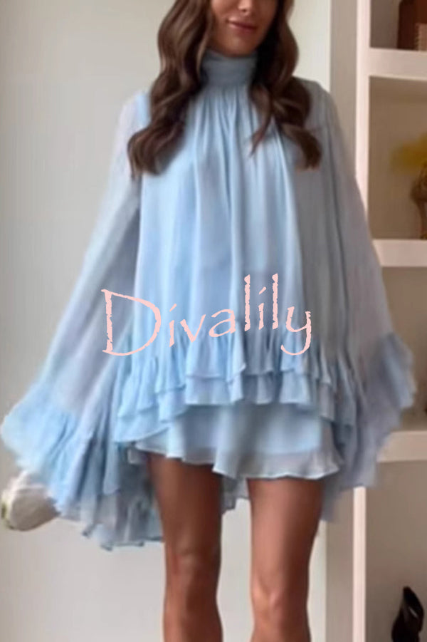 Solid Color Chiffon Trumpet Sleeve Loose Mini Dress