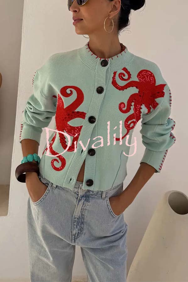 Coastal Fashion Knit Octopus Graphic Contrast Piping Button Up Loose Cardigan