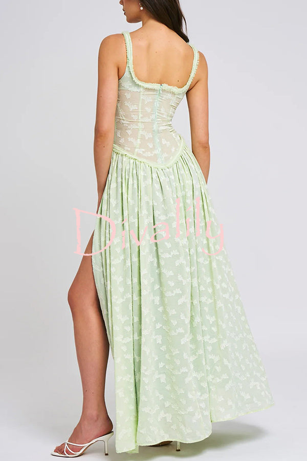 Garden Elf Lace Jacquard Textured Square Neck High Slit Maxi Dress